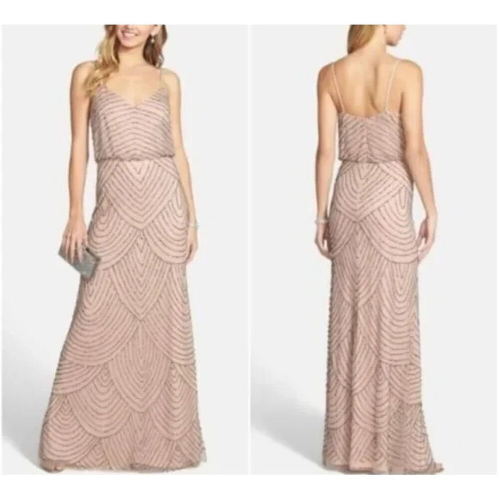 Adrianna Papell NWT Pink Gold Spaghetti Strap Sequin Mesh Blouson Gown Size 18